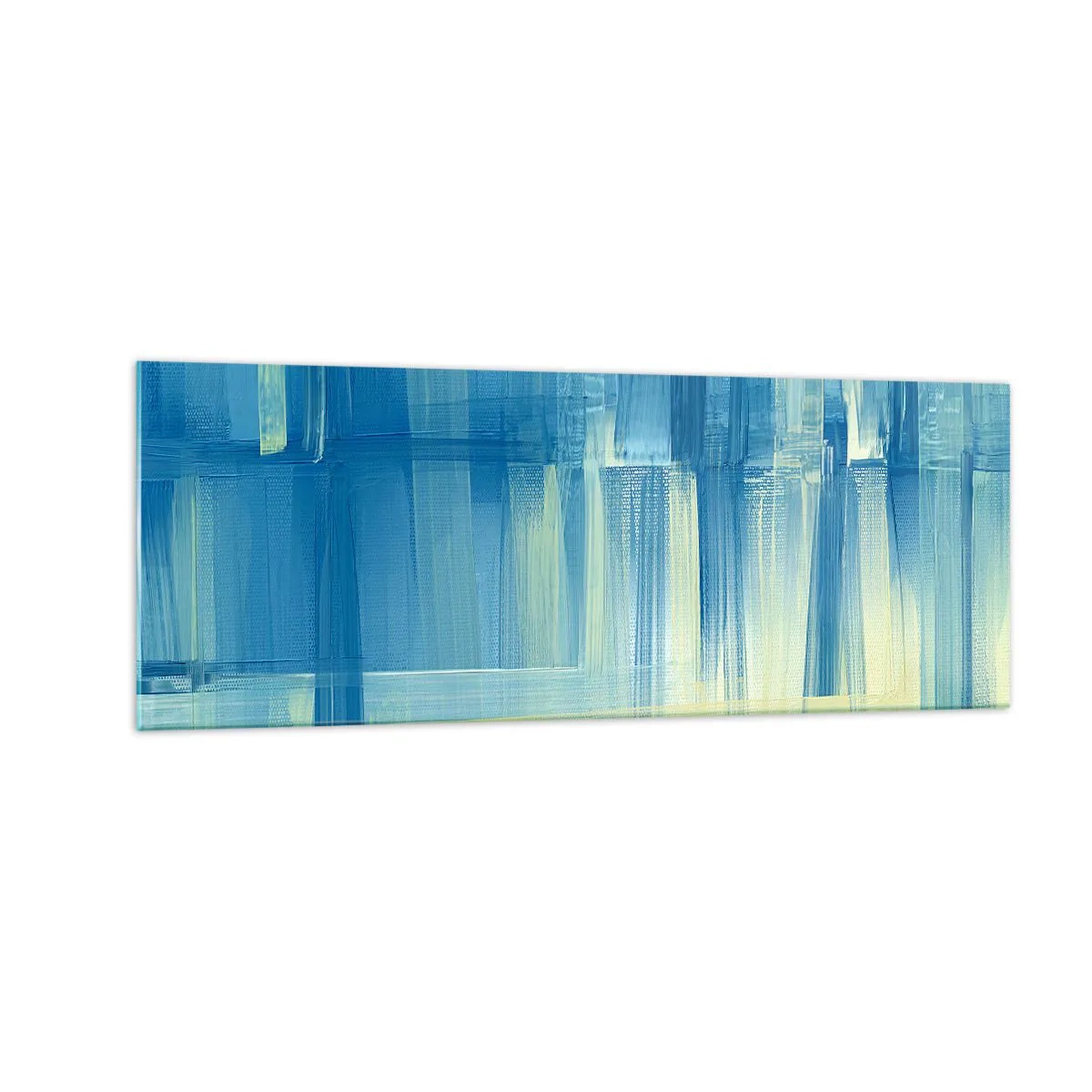 Cuadro sobre vidrio - Impresiones sobre Vidrio - Un cuadro abstracto en tonos turquesa y azul con pinceladas geométricas. - 140x50cm - Composición en turquesa - Decoración de pared moderna para salón y dormitorio ARTTOR