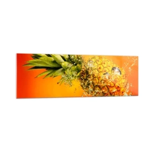 Cuadro sobre vidrio - Impresiones sobre Vidrio - Una piña sumergida en agua sobre un fondo degradado naranja. - 160x50cm - Jugosa frescura tropical - Decoración de pared moderna para salón y dormitorio ARTTOR