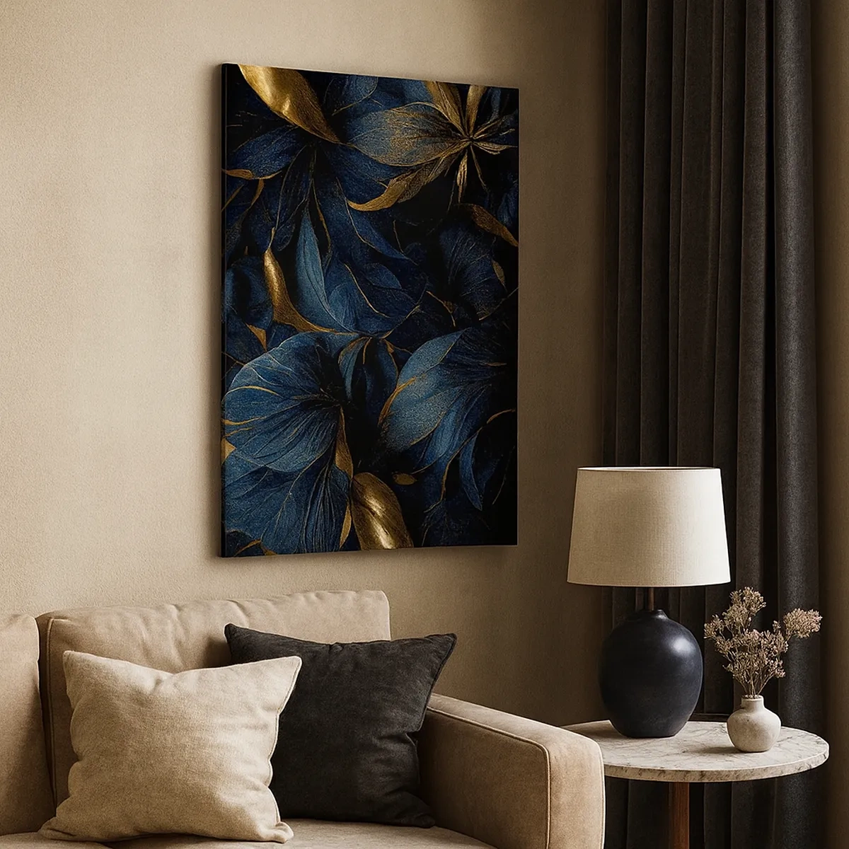 Cuadro sobre lienzo - Impresión de Imagen - Hojas elegantes en tonos dorados y azul marino. - 50x70cm - Forradas de oro - Decoración de pared moderna para salón y dormitorio ARTTOR