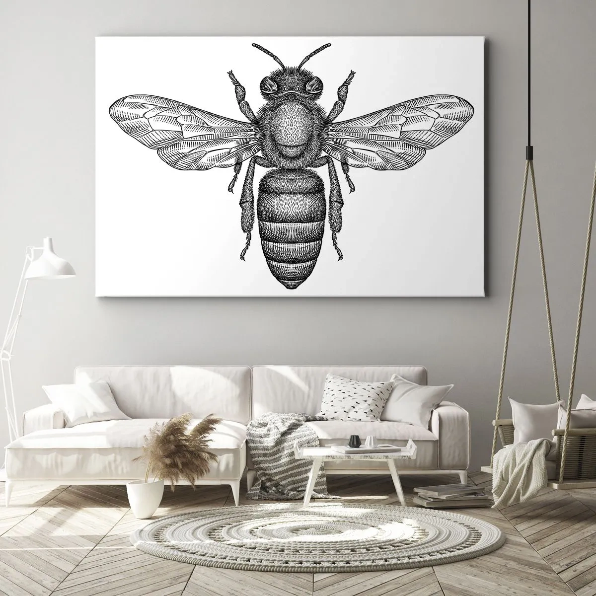 Cuadro sobre lienzo - Impresión de Imagen - Un motivo de abeja de dibujos animados sobre un fondo blanco en un estilo minimalista. - 100x70cm - Retrato de insecto - Decoración de pared moderna para salón y dormitorio ARTTOR