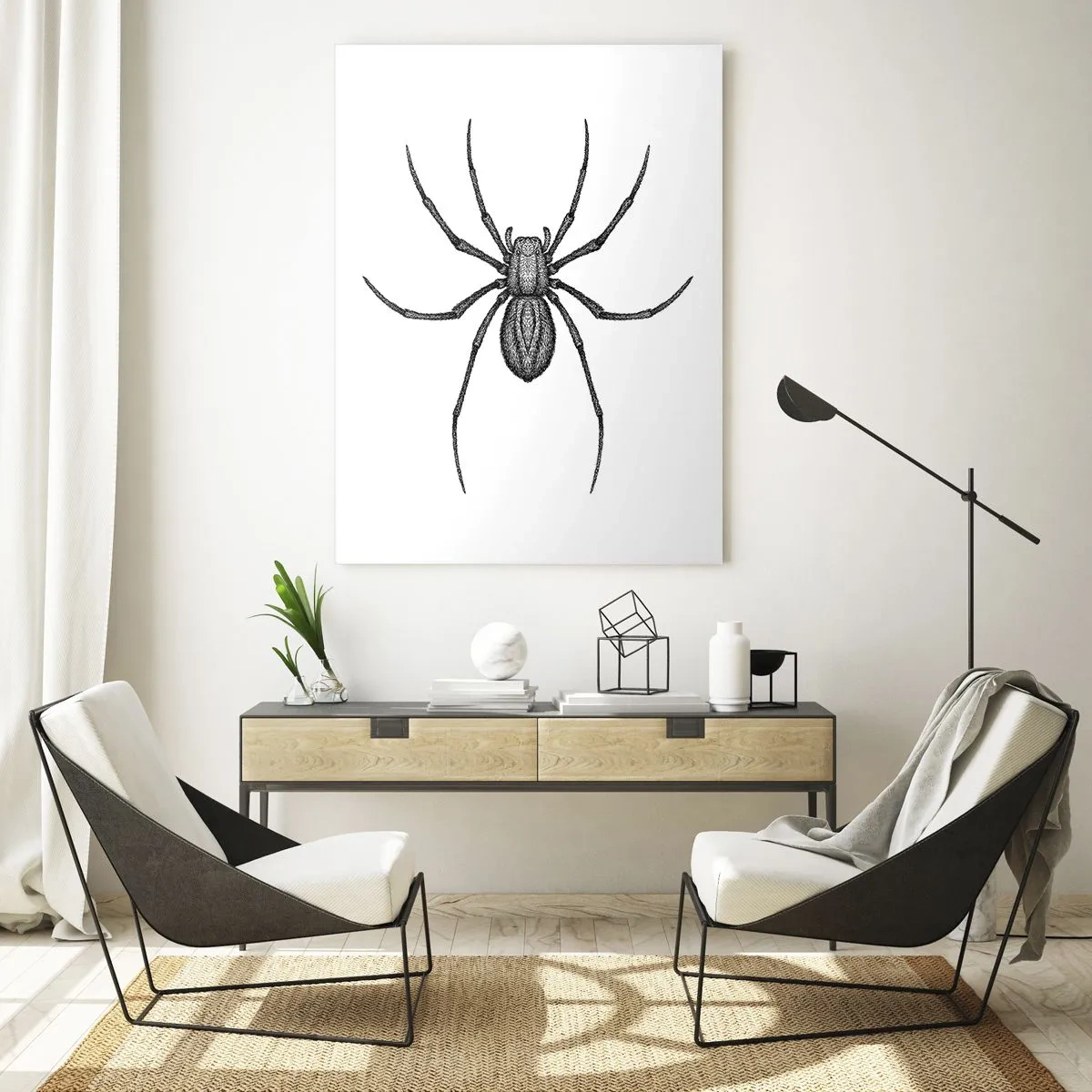 Cuadro sobre vidrio - Impresiones sobre Vidrio - Detalle de una araña sobre un fondo blanco en estilo de dibujos animados. - 80x120cm - Precisión inquietante - Decoración de pared moderna para salón y dormitorio ARTTOR