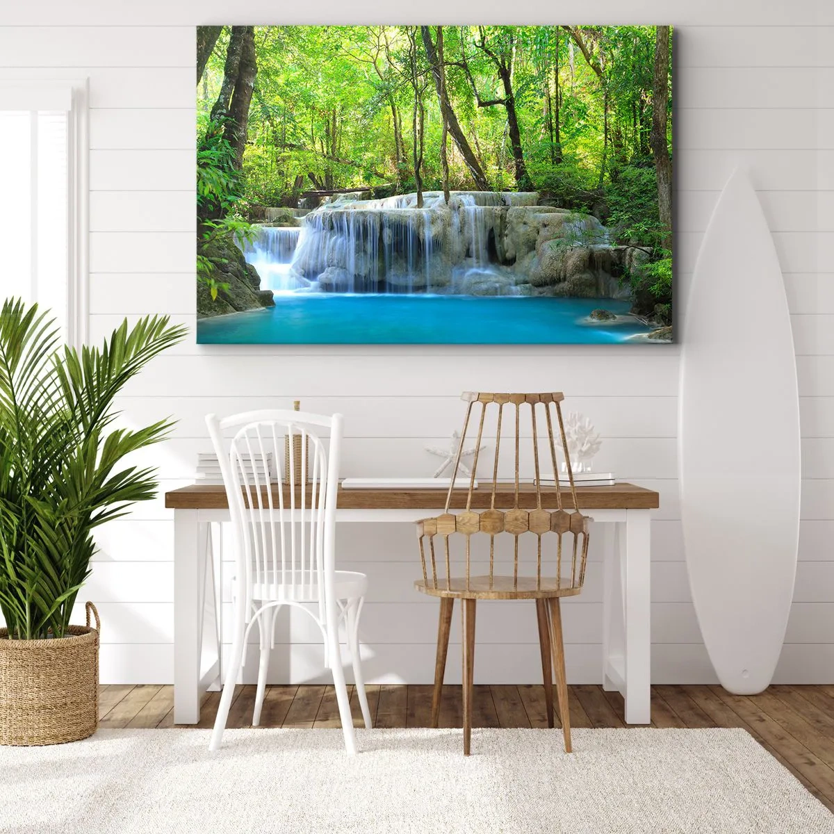 Cuadro sobre lienzo - Impresión de Imagen - Una cascada entre árboles verdes con agua azul en un entorno natural. - 100x70cm - Ahogarse en turquesa y verde - Decoración de pared moderna para salón y dormitorio ARTTOR