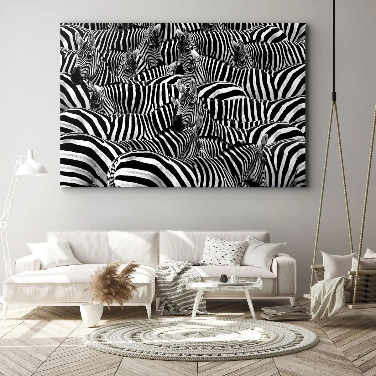 Cuadro sobre lienzo - Impresión de Imagen - Un grupo de cebras con rayas blancas y negras que crean un patrón de simetría. - 70x50cm - Retrato a rayas - Decoración de pared moderna para salón y dormitorio ARTTOR