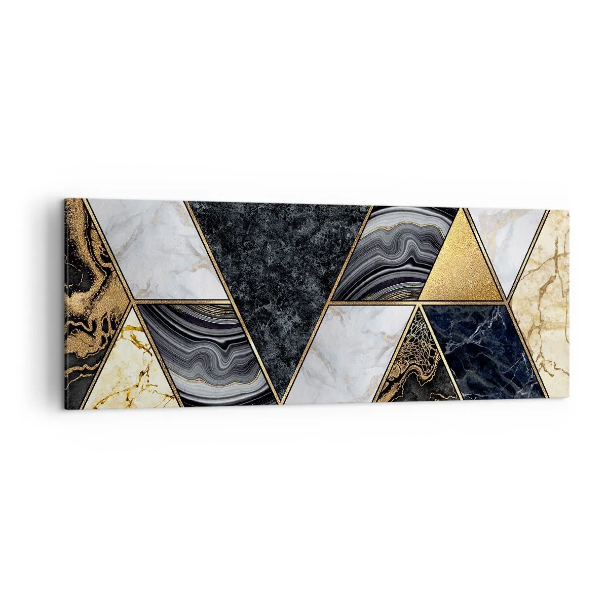 Cuadro sobre lienzo - Impresión de Imagen - Triángulos geométricos en dorado, mármol y tonos oscuros. - 140x50cm - Collage de piedras - Decoración de pared moderna para salón y dormitorio ARTTOR