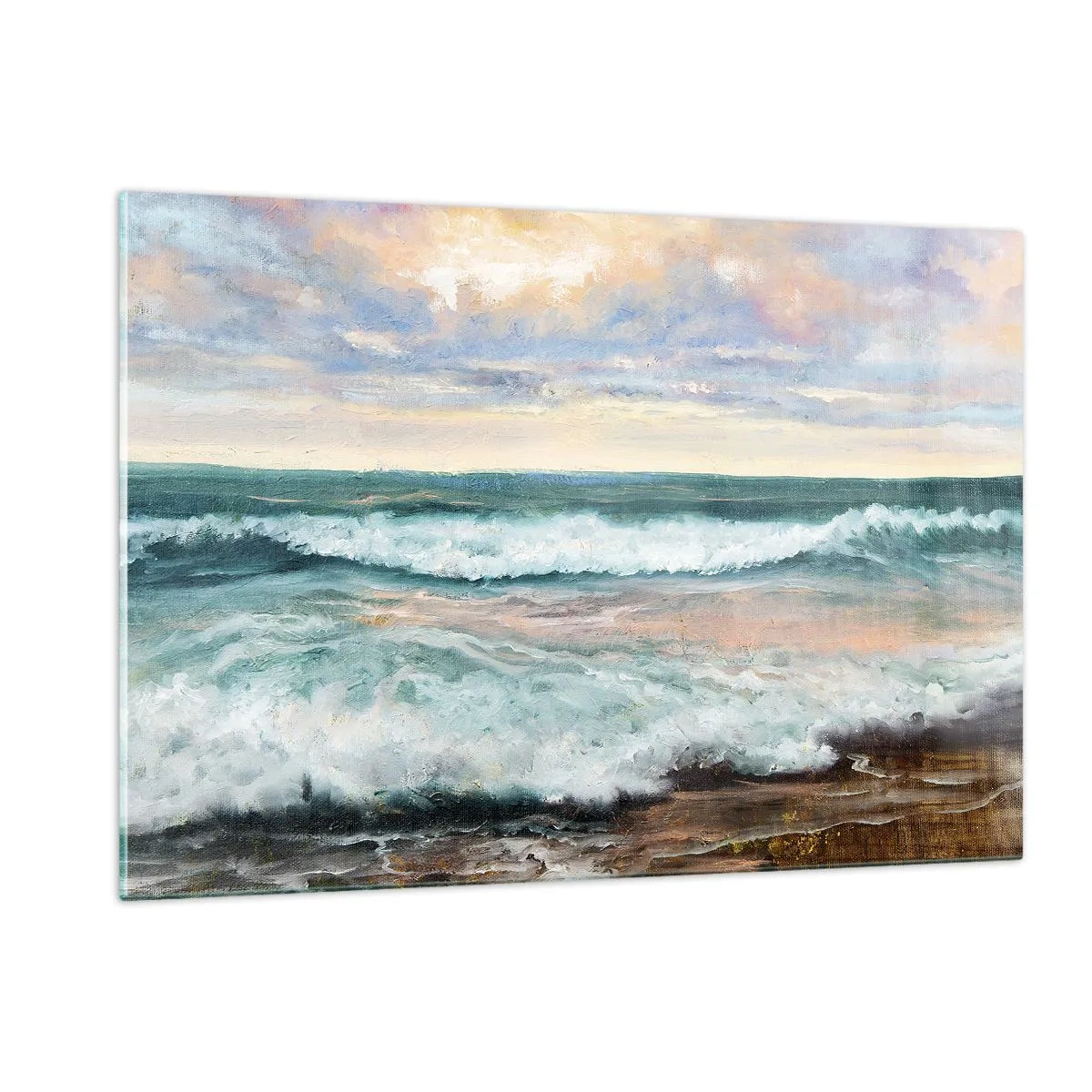 Cuadro sobre vidrio - Impresiones sobre Vidrio - Una pintura que representa las olas rompiendo contra la orilla. - 120x80cm - Aquí suavizarás tu alma - Decoración de pared moderna para salón y dormitorio ARTTOR