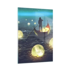 Cuadro sobre vidrio - Impresiones sobre Vidrio - Un barco con linternas en el agua en un paisaje surrealista. - 50x70cm - Cosas que los filósofos nunca soñaron - Decoración de pared moderna para salón y dormitorio ARTTOR