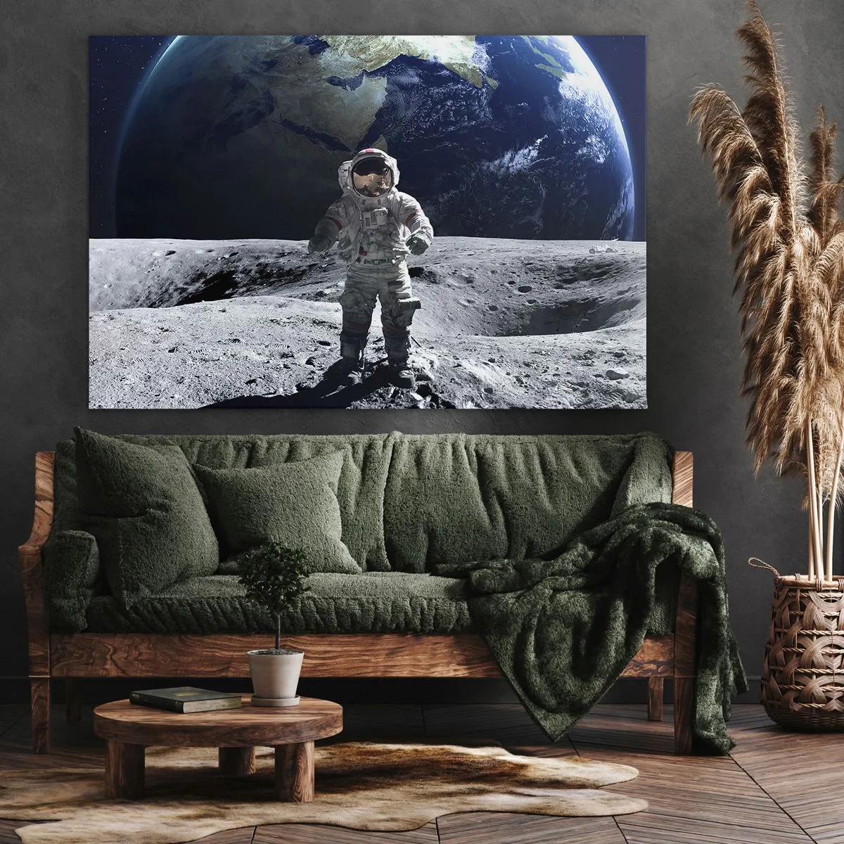 Cuadro sobre lienzo - Impresión de Imagen - Astronauta en la superficie de la Luna con la Tierra al fondo - 100x70cm - Saludos desde la Luna - Decoración de pared moderna para salón y dormitorio ARTTOR