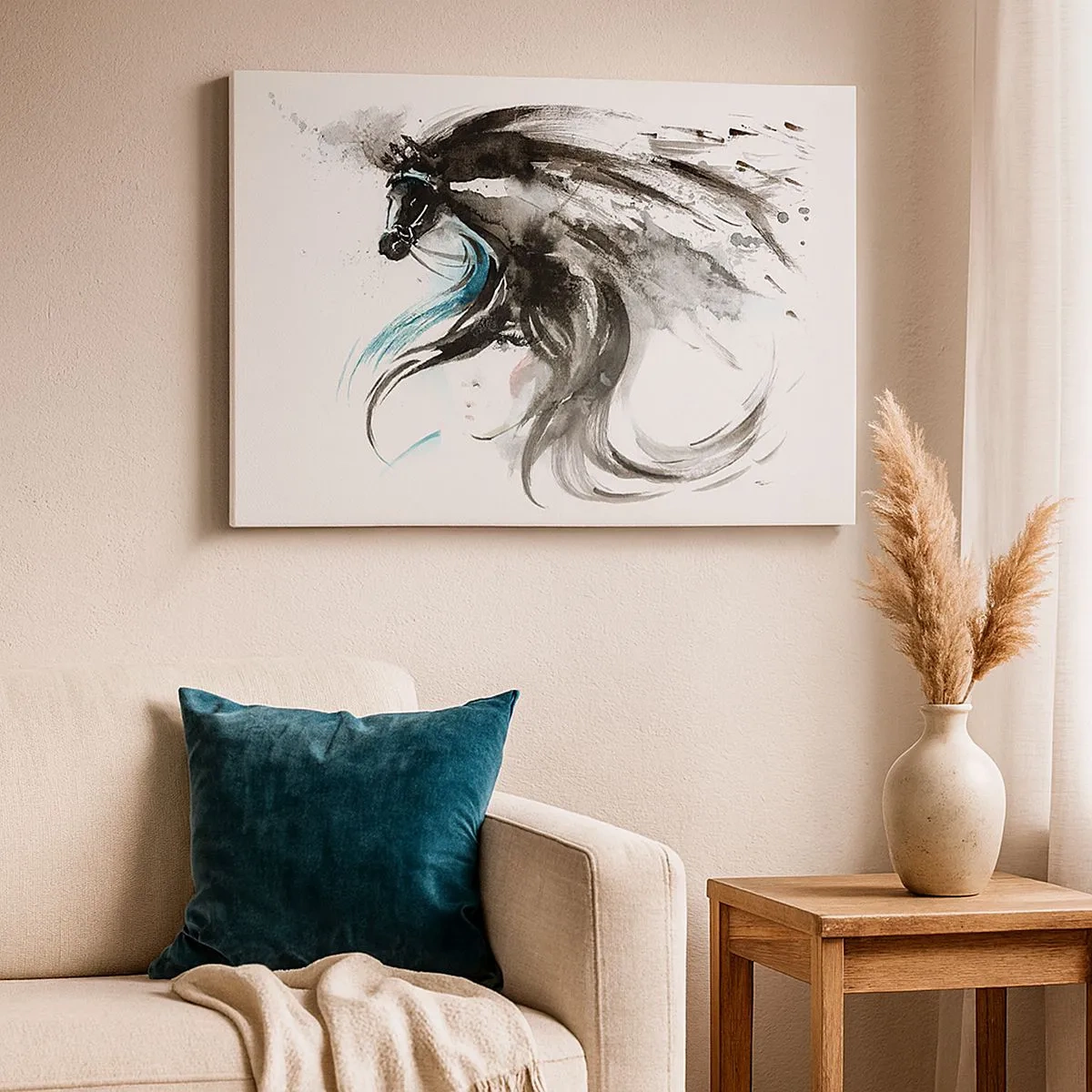 Cuadro sobre lienzo - Impresión de Imagen - Una mujer y un caballo en una acuarela mística llena de dinámica. - 70x50cm - El galope del Príncipe Negro - Decoración de pared moderna para salón y dormitorio ARTTOR