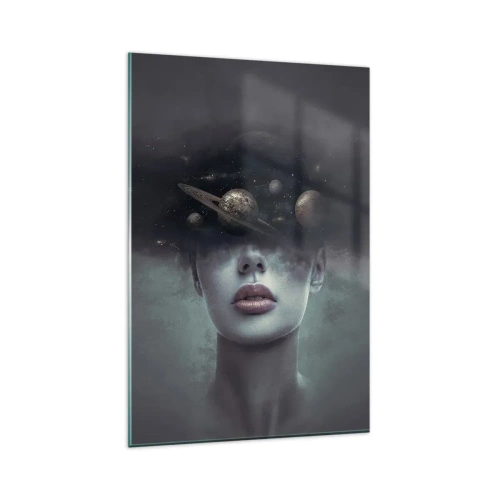 Cuadro sobre vidrio - Impresiones sobre Vidrio - Un rostro de mujer con un motivo de planeta y espacio en el fondo. - 80x120cm - Y los planetas sienten... - Decoración de pared moderna para salón y dormitorio ARTTOR