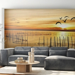 Fotomural Autadhesivo Deluxe Sticker - Horizonte naranja - Paisaje, Lago, Red de pesca - 500x350 cm