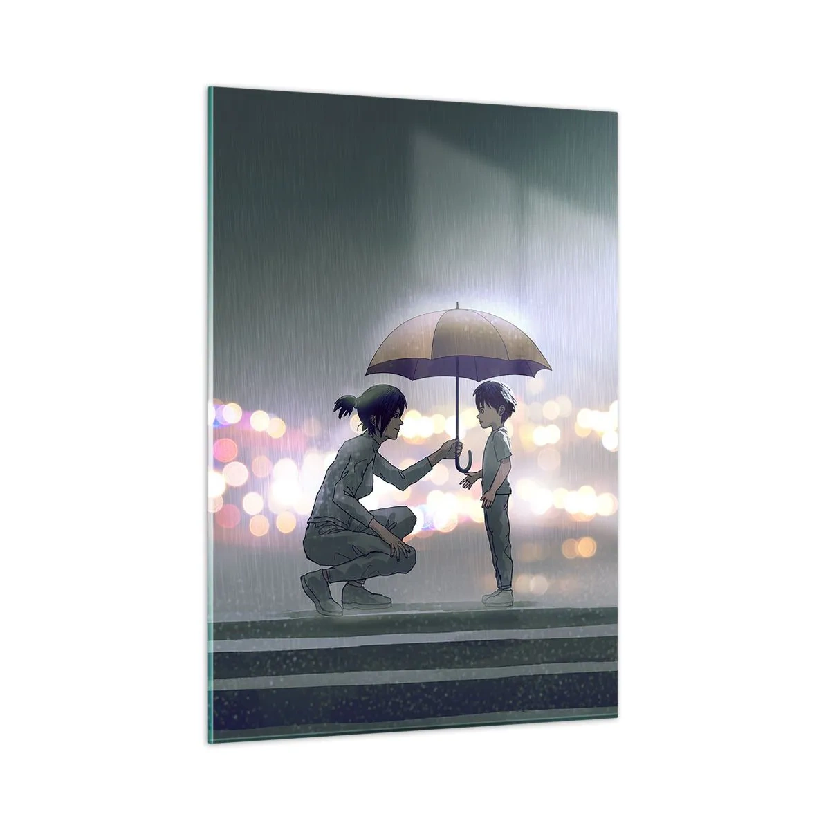 Cuadro sobre vidrio - Impresiones sobre Vidrio - Figuras bajo la lluvia con paraguas contra el fondo de luces nocturnas. - 50x70cm - Y todo está bien - Decoración de pared moderna para salón y dormitorio ARTTOR