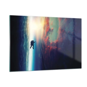 Cuadro sobre vidrio - Impresiones sobre Vidrio - Un astronauta flotando a través del espacio hacia la luz. - 120x80cm - Enfrentarse al universo - Decoración de pared moderna para salón y dormitorio ARTTOR
