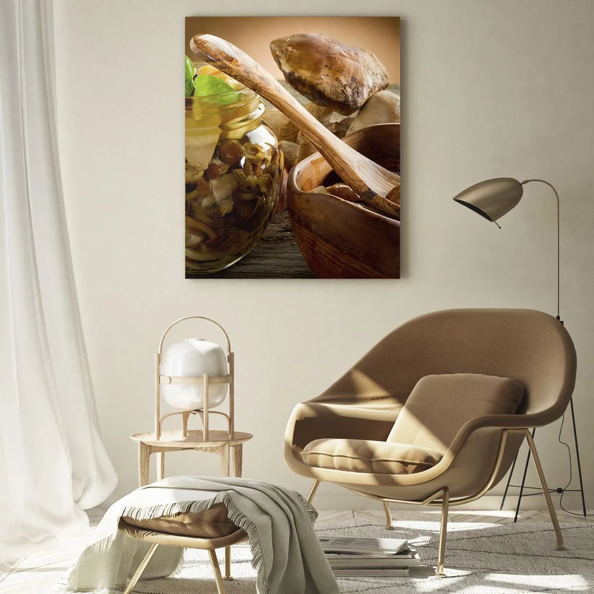 Cuadro sobre vidrio - Impresiones sobre Vidrio - Setas naturales en un tarro sobre una mesa rústica - 70x100cm - Ya sea fresco, o salado, o de temporada de otoño.... - Decoración de pared moderna para salón y dormitorio ARTTOR