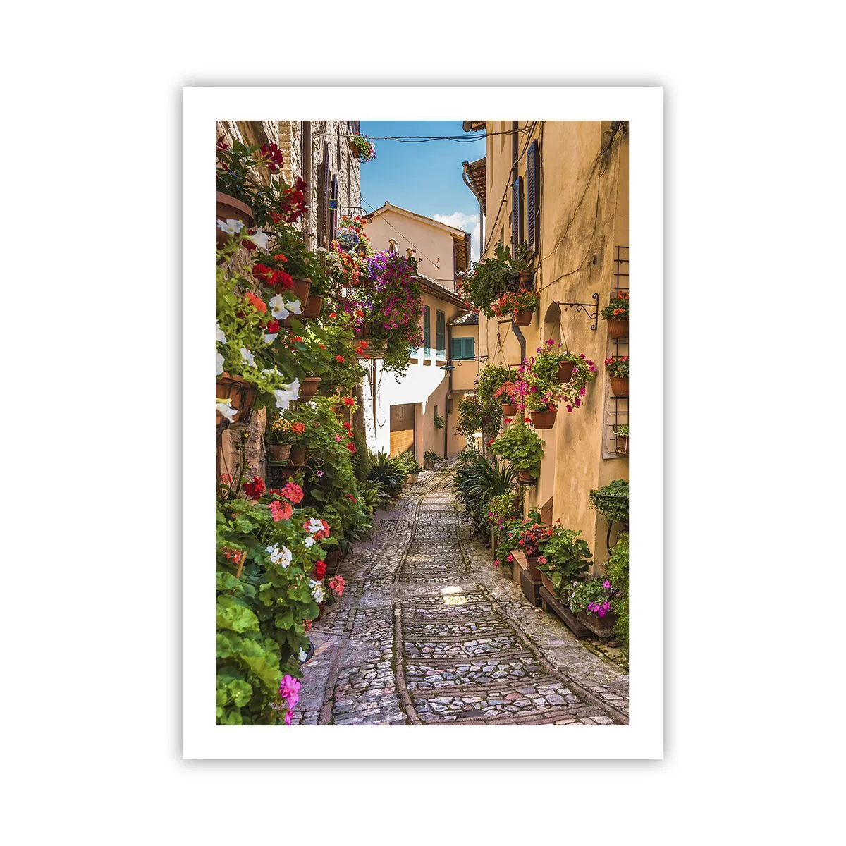 Póster - Una encantadora calle con flores y un camino adoquinado en un día soleado. - 50x70cm - Callejón italiano - Decoración de pared moderna para salón y dormitorio ARTTOR
