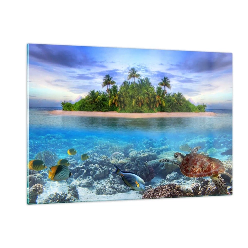 Cuadro sobre vidrio - Impresiones sobre Vidrio - Una isla tropical con un arrecife de coral y vida marina. - 120x80cm - Una isla paradisíaca te invita - Decoración de pared moderna para salón y dormitorio ARTTOR