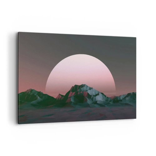 Cuadro sobre lienzo - Impresión de Imagen - Montañas geométricas con el sol poniente al fondo - 120x80cm - En una galaxia muy muy lejana - Decoración de pared moderna para salón y dormitorio ARTTOR