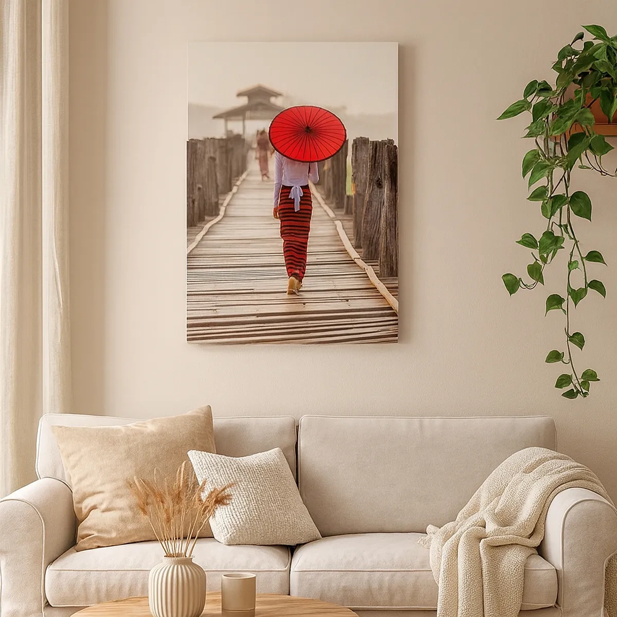 Cuadro sobre lienzo - Impresión de Imagen - Una mujer con un paraguas rojo en un puente de madera. - 50x70cm - En un viejo puente - Decoración de pared moderna para salón y dormitorio ARTTOR
