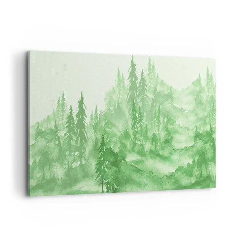 Cuadro sobre lienzo - Impresión de Imagen - Bosque verde en estilo acuarela sobre un fondo claro - 100x70cm - Difuminado con niebla verde - Decoración de pared moderna para salón y dormitorio ARTTOR