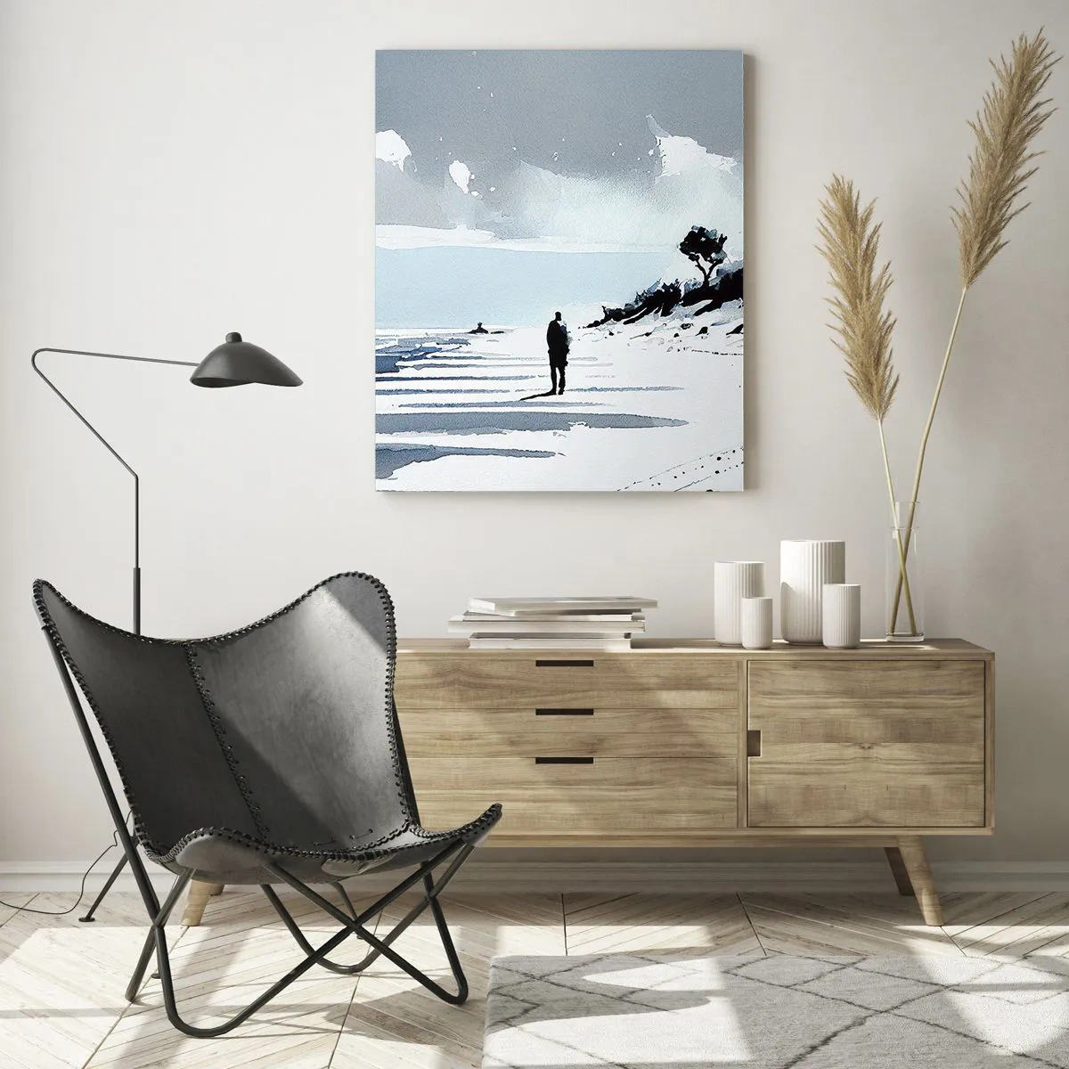 Cuadro sobre vidrio - Impresiones sobre Vidrio - Silueta de una persona solitaria caminando por una playa vacía - 50x70cm - Solo conmigo mismo - Decoración de pared moderna para salón y dormitorio ARTTOR