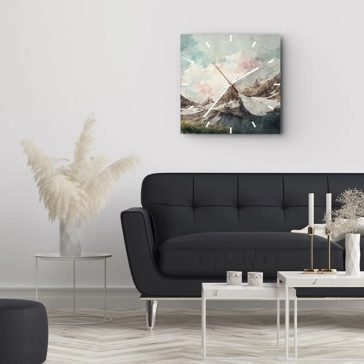 Reloj de pared - Reloj de vidrio - Montañas pintorescas con cielos pastel - 30x30cm - Filos rocosos - Decoración de pared moderna para salón y dormitorio ARTTOR