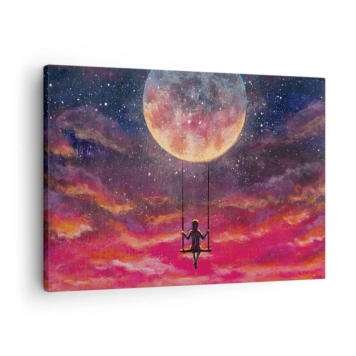 Cuadro sobre lienzo - Impresión de Imagen - Una figura en un columpio suspendido contra la luna. - 70x50cm - Disfrutar de las nubes - Decoración de pared moderna para salón y dormitorio ARTTOR