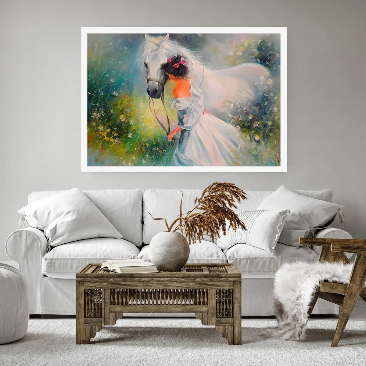 Póster - Una mujer con un caballo blanco en un entorno pintoresco. - 100x70cm - Como si de un hermoso sueño se tratara - Decoración de pared moderna para salón y dormitorio ARTTOR