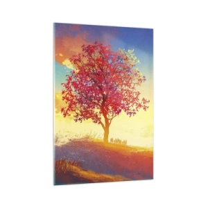 Cuadro sobre vidrio - Impresiones sobre Vidrio - Una figura en una colina junto a un árbol colorido a la luz del sol poniente. - 70x100cm - Un peregrino en su destino - Decoración de pared moderna para salón y dormitorio ARTTOR