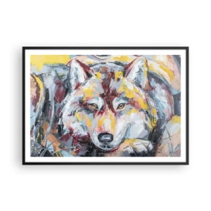 Póster en marco negro - Retrato artístico de un lobo en colores intensos. - 100x70cm - Pinceladas de lobo - Decoración de pared moderna para salón y dormitorio ARTTOR