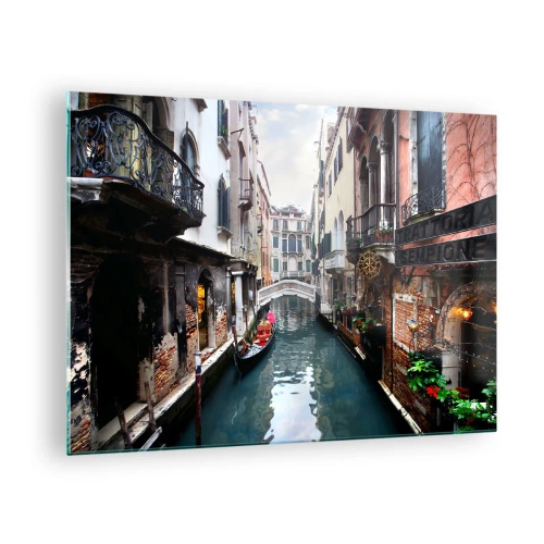 Cuadro sobre vidrio - Impresiones sobre Vidrio - Un canal veneciano con una góndola rodeada de edificios históricos. - 70x50cm - Paisaje veneciano con góndola y puente - Decoración de pared moderna para salón y dormitorio ARTTOR
