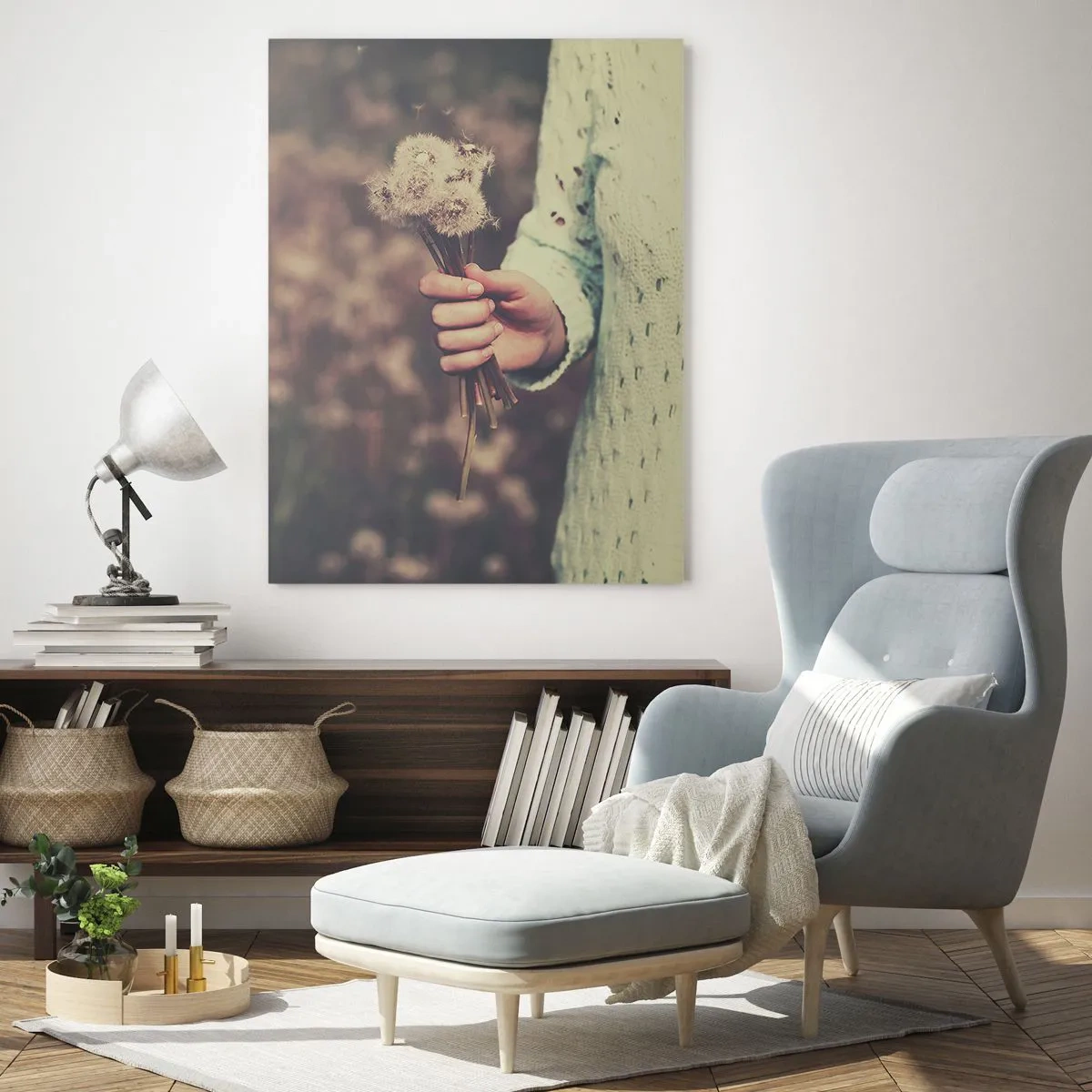 Cuadro sobre vidrio - Impresiones sobre Vidrio - Una mano sosteniendo un ramo de dientes de león contra un campo borroso - 50x70cm - Deténgalos, por favor - Decoración de pared moderna para salón y dormitorio ARTTOR