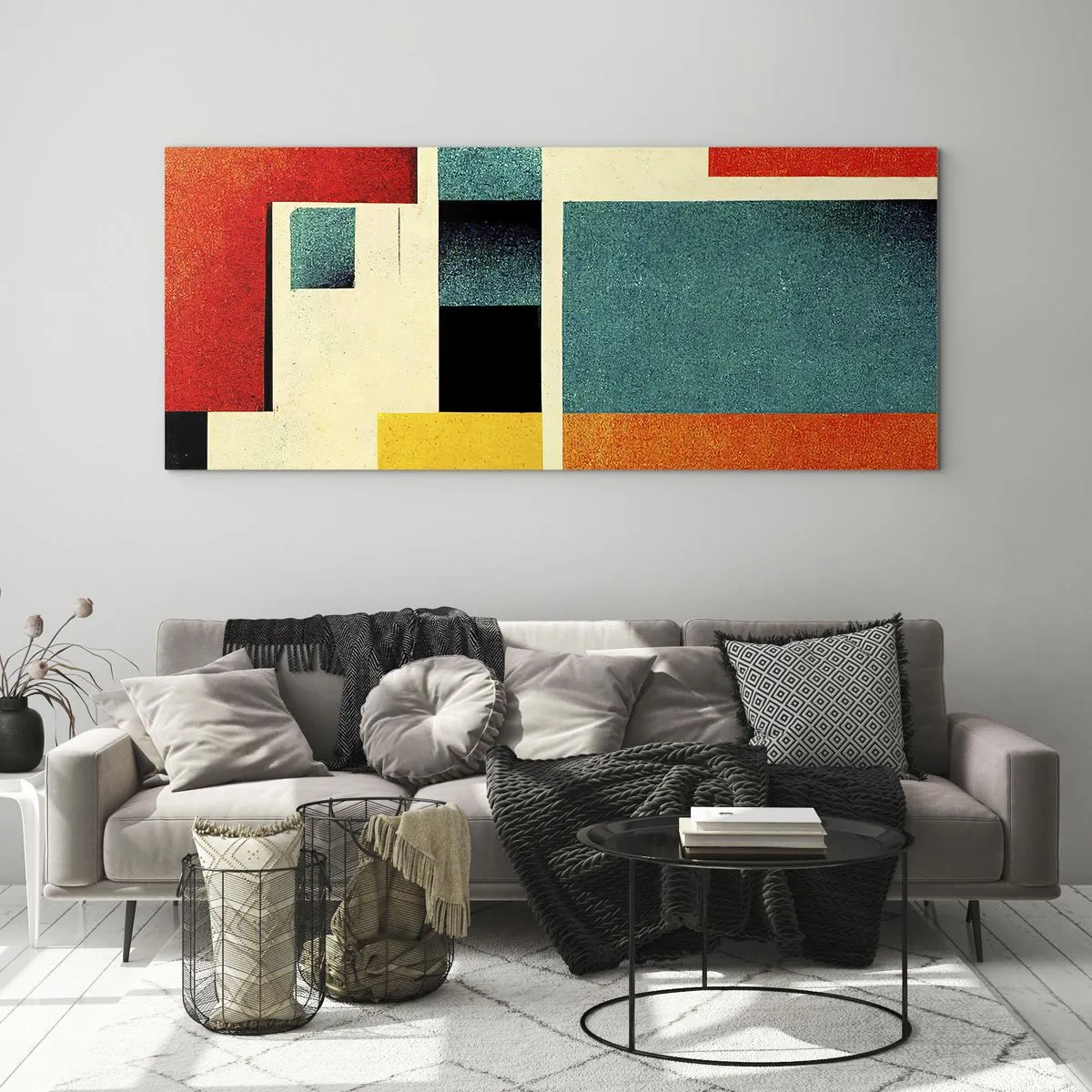Cuadro sobre vidrio - Impresiones sobre Vidrio - Abstracción geométrica con rectángulos y cuadrados de colores. - 160x50cm - Abstracción geométrica - buena energía - Decoración de pared moderna para salón y dormitorio ARTTOR