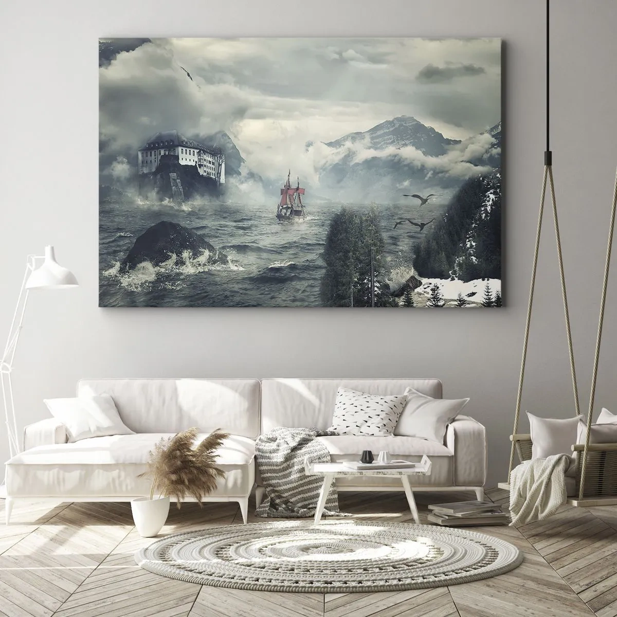Cuadro sobre lienzo - Impresión de Imagen - Un paisaje misterioso con un castillo, montañas y un barco. - 120x80cm - En aguas mágicas - Decoración de pared moderna para salón y dormitorio ARTTOR