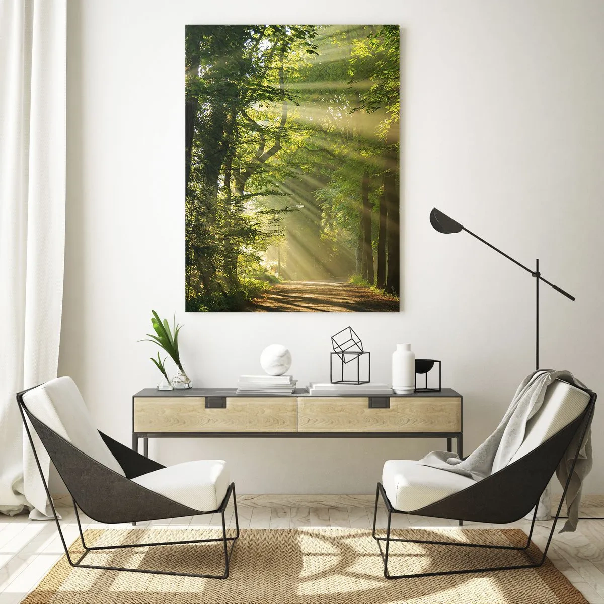 Cuadro sobre vidrio - Impresiones sobre Vidrio - Camino forestal con rayos de sol brillando a través de los árboles. - 80x120cm - Un momento en el bosque - Decoración de pared moderna para salón y dormitorio ARTTOR