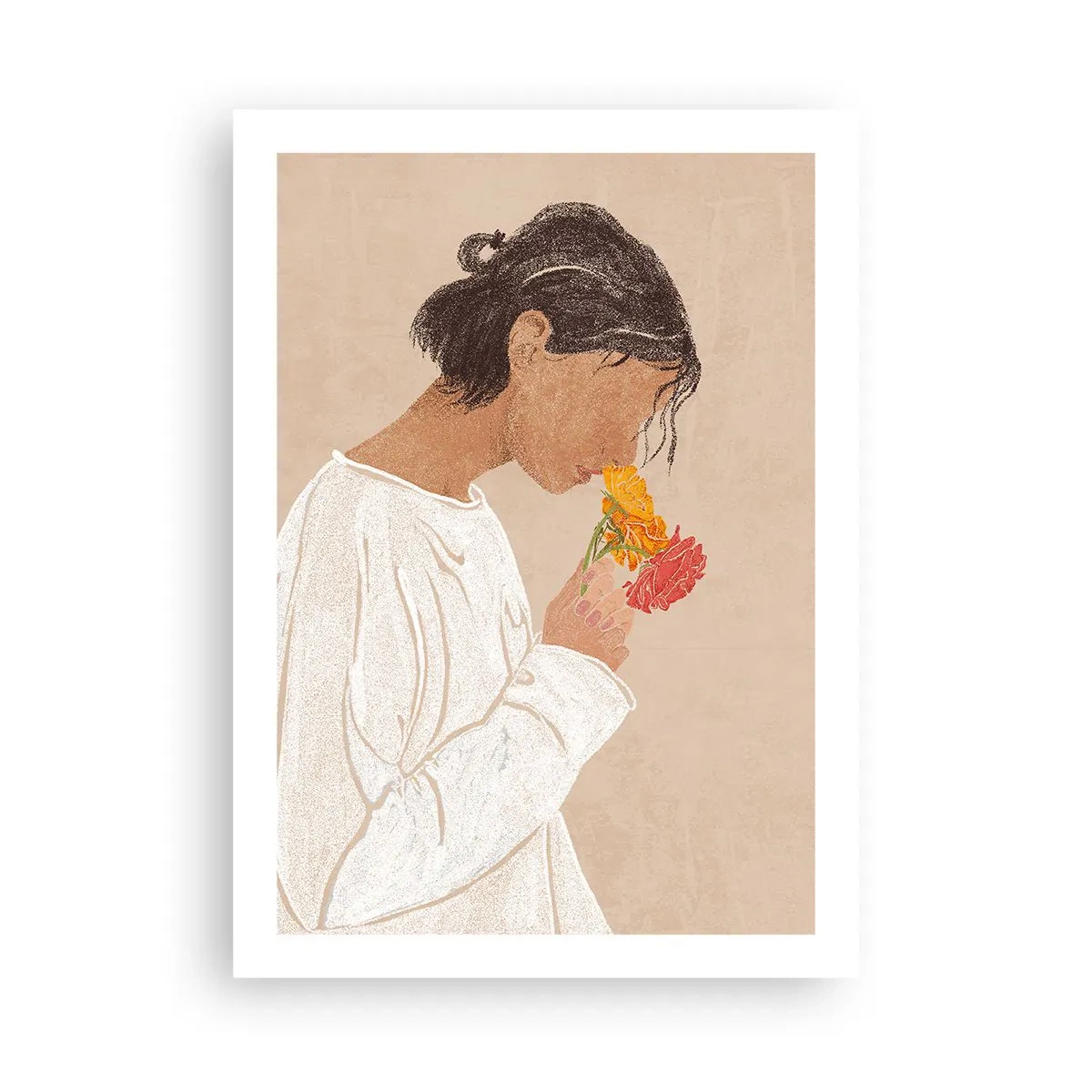 Póster - Una mujer vestida de blanco reflexionando sobre las flores. - 50x70cm - Joven con flores - Decoración de pared moderna para salón y dormitorio ARTTOR