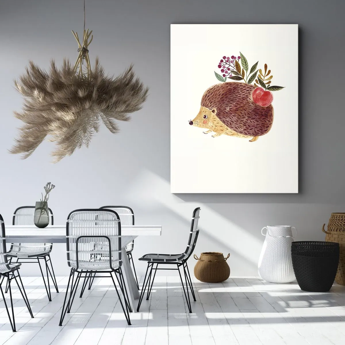 Cuadro sobre lienzo - Impresión de Imagen - Un lindo erizo con una manzana y plantas en un estilo ilustrativo. - 50x70cm - Y ya te gusto - Decoración de pared moderna para salón y dormitorio ARTTOR