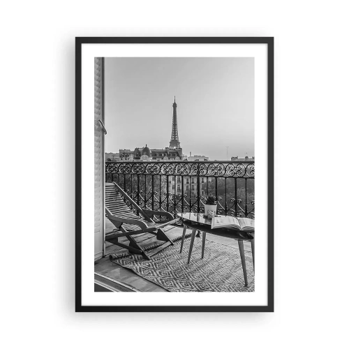Póster en marco negro - Vista de la Torre Eiffel desde un elegante balcón parisino - 50x70cm - Una tarde parisina - Decoración de pared moderna para salón y dormitorio ARTTOR