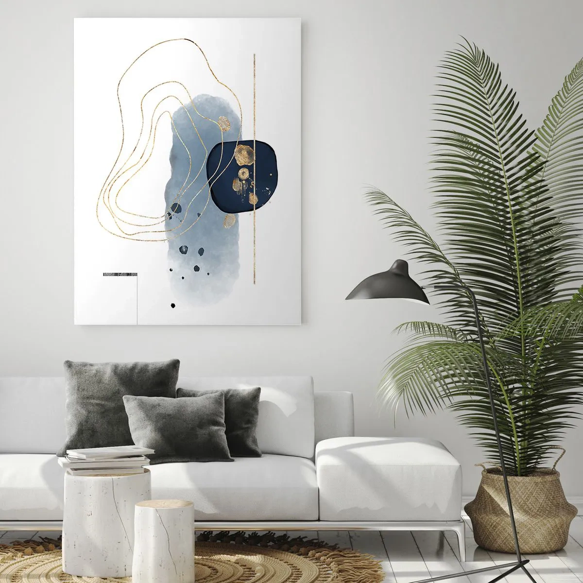 Cuadro sobre vidrio - Impresiones sobre Vidrio - Abstracción en tonos azules y dorados. - 80x120cm - Fantasía azul y oro - Decoración de pared moderna para salón y dormitorio ARTTOR