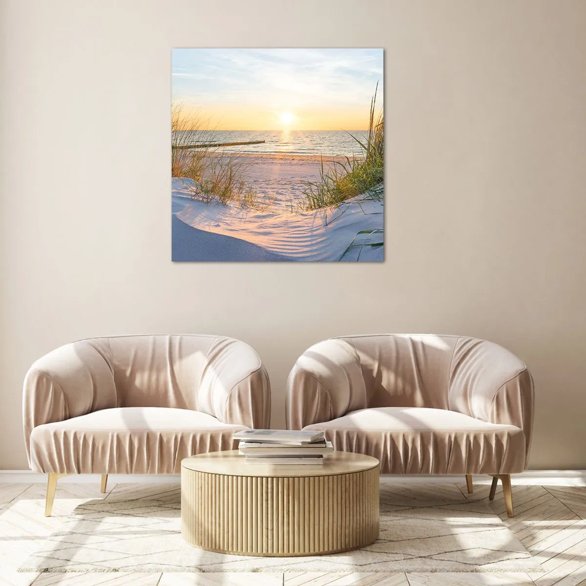 Cuadro sobre vidrio - Impresiones sobre Vidrio - El sonido del mar, el canto de los pájaros, una playa virgen entre las dunas... - 40x40 cm