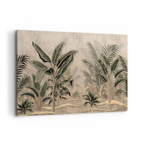 Cuadro sobre lienzo - Impresión de Imagen - Palmeras y vegetación tropical en tonos verdes sobre fondo beige. - 100x70cm - Grabados de estilo colonial - Decoración de pared moderna para salón y dormitorio ARTTOR