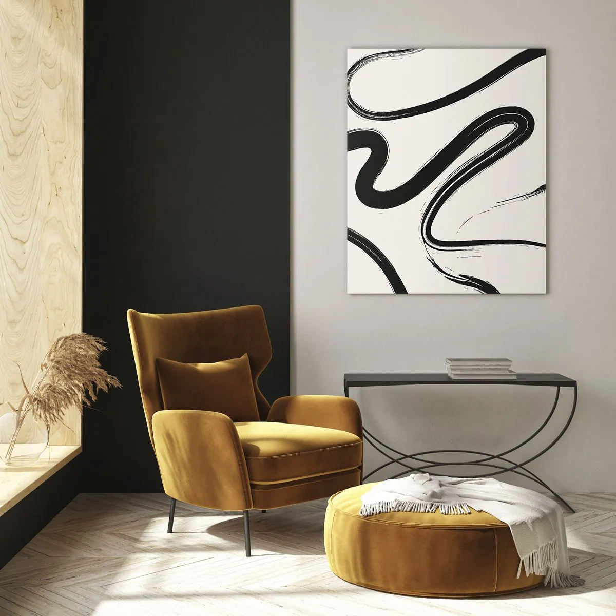 Cuadro sobre vidrio - Impresiones sobre Vidrio - Líneas negras dinámicas sobre un fondo claro en estilo abstracto. - 50x70cm - Fantasía en blanco y negro - Decoración de pared moderna para salón y dormitorio ARTTOR