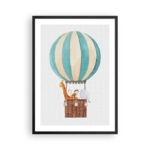 Póster en marco negro - Ilustración de acuarela de un globo aerostático con lindos animales. - 50x70cm - Viaje fantástico - Decoración de pared moderna para salón y dormitorio ARTTOR