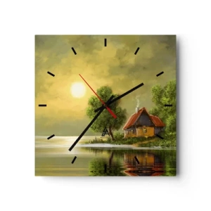 Reloj de pared - Reloj de vidrio - Casa del lago a la luz del atardecer - 30x30cm - Es hermoso, como salido de un cuadro - Decoración de pared moderna para salón y dormitorio ARTTOR