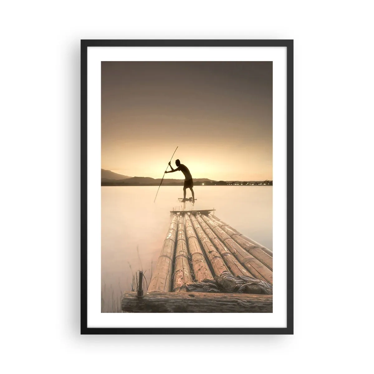 Póster en marco negro - Una figura en una balsa de bambú al atardecer. - 50x70cm - Antes del descanso - Decoración de pared moderna para salón y dormitorio ARTTOR
