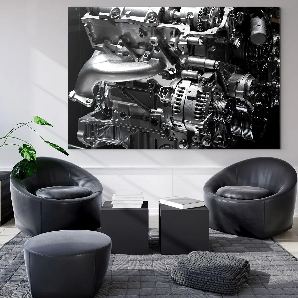 Cuadro sobre vidrio - Impresiones sobre Vidrio - Detalles de un motor de metal sobre un fondo negro. - 70x50cm - Acero, hermoso, fuerte - Decoración de pared moderna para salón y dormitorio ARTTOR