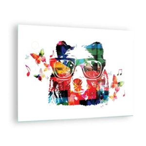 Cuadro sobre vidrio - Impresiones sobre Vidrio - Oso colorido con gafas en estilo pop art con temática musical. - 70x50cm - ¡Me encanta! - Decoración de pared moderna para salón y dormitorio ARTTOR