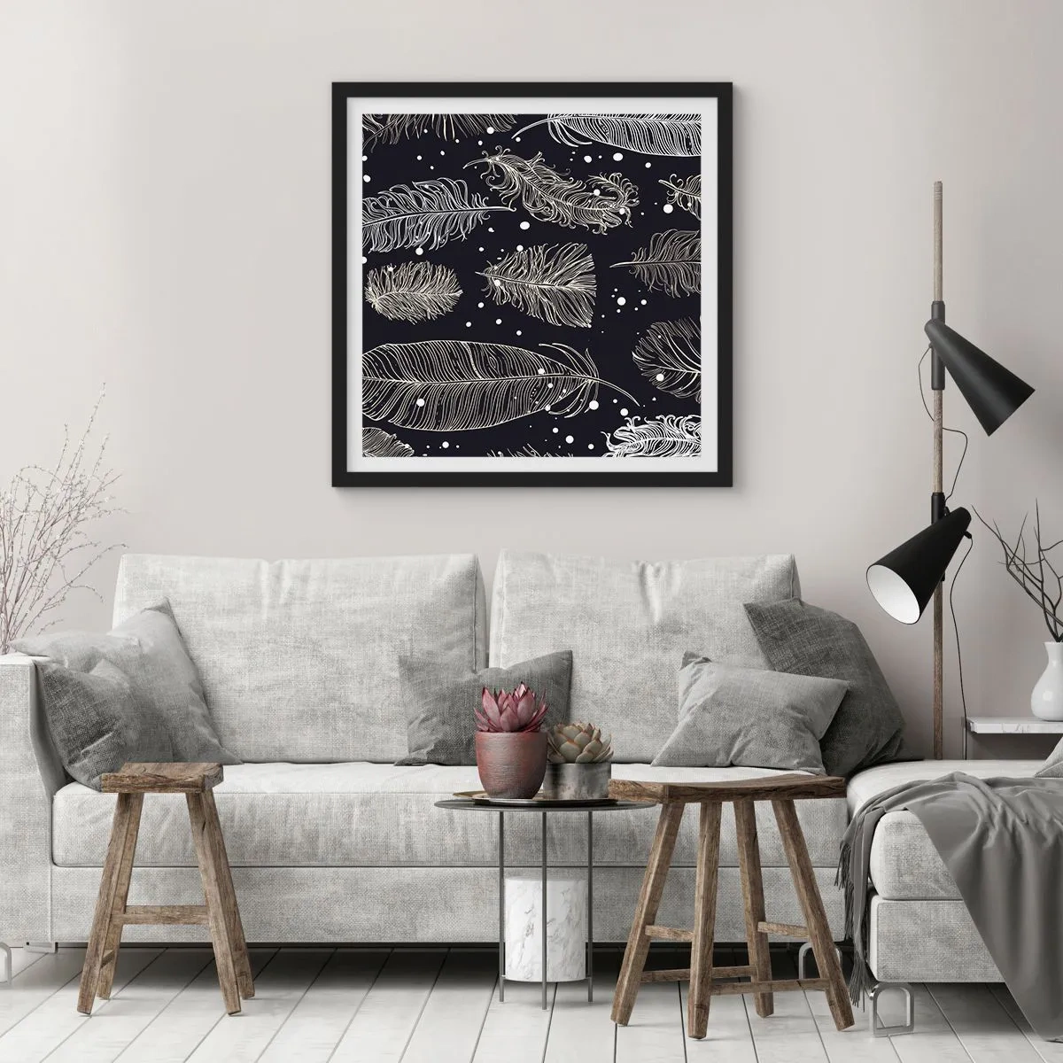 Póster en marco negro - Encaje de plumas - 50x50 cm