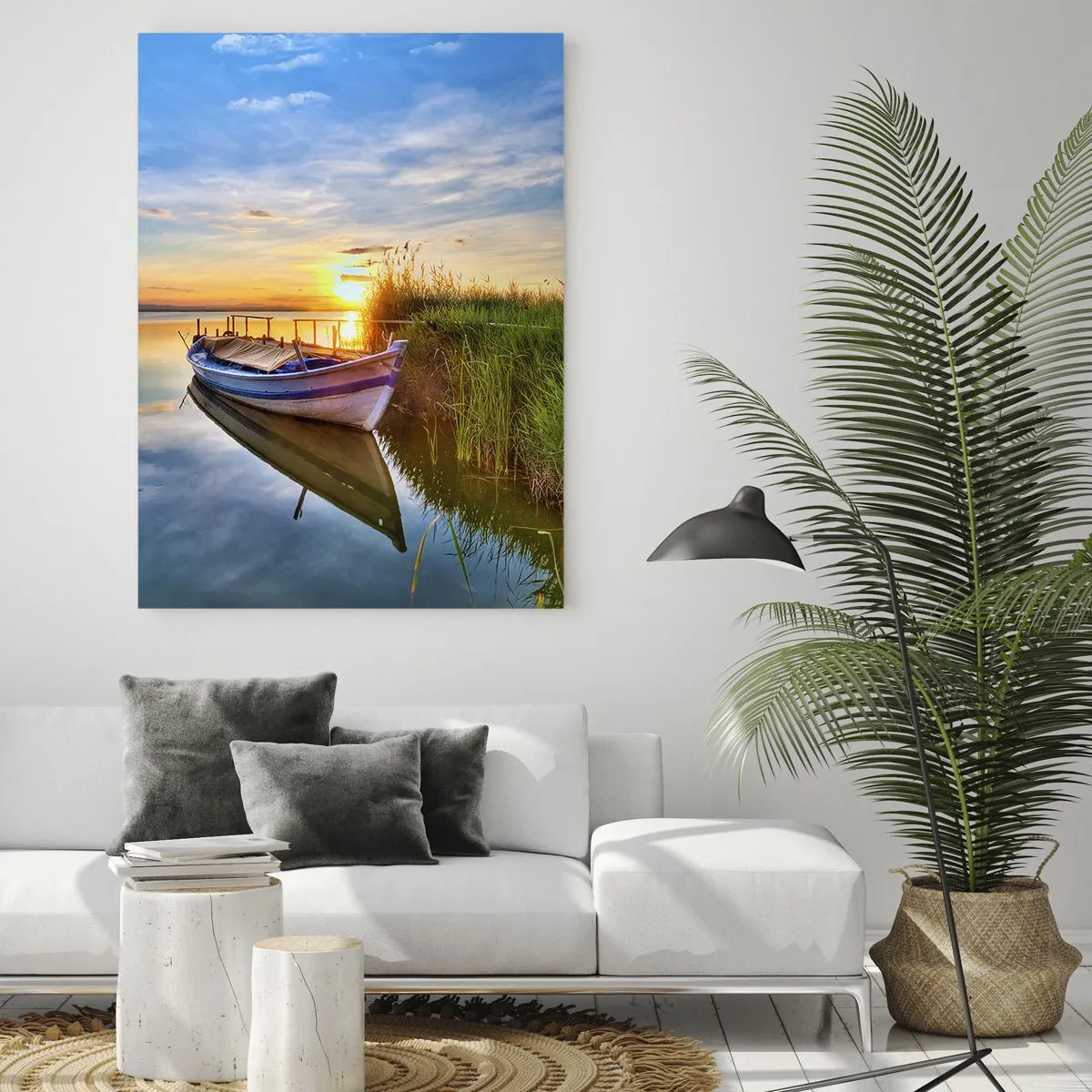 Cuadro sobre vidrio - Impresiones sobre Vidrio - Un barco en una bahía tranquila al atardecer. - 80x120cm - Sueños cumplidos - Decoración de pared moderna para salón y dormitorio ARTTOR