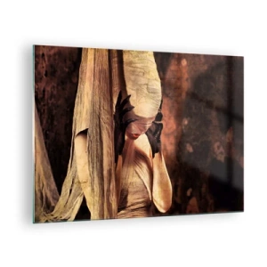 Cuadro sobre vidrio - Impresiones sobre Vidrio - Una mujer misteriosa rodeada de telas doradas. - 70x50cm - Entre el bien y el mal - Decoración de pared moderna para salón y dormitorio ARTTOR