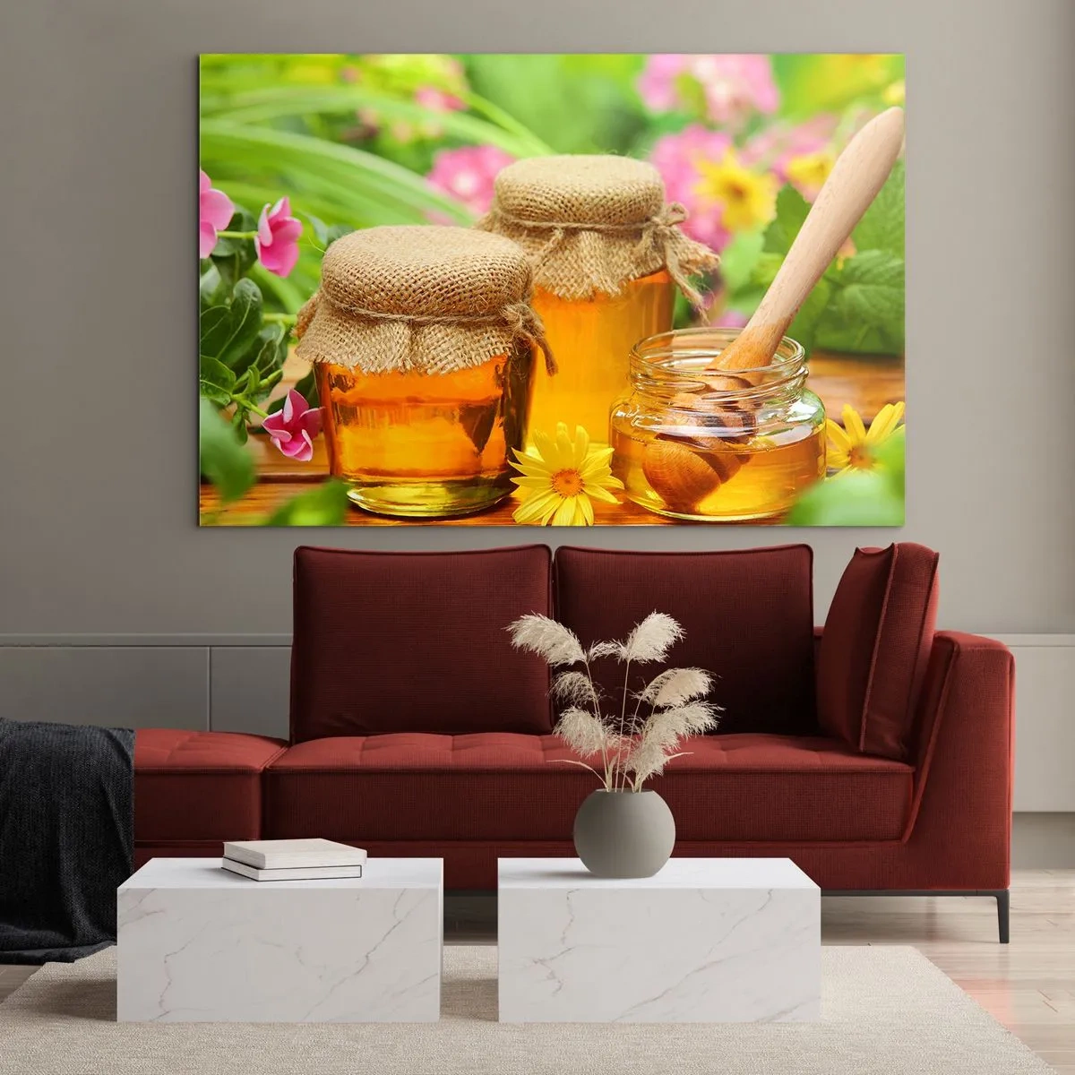 Cuadro sobre vidrio - Impresiones sobre Vidrio - Tarros de miel sobre un fondo de flores en el jardín. - 100x70cm - Dulce y floral - Decoración de pared moderna para salón y dormitorio ARTTOR