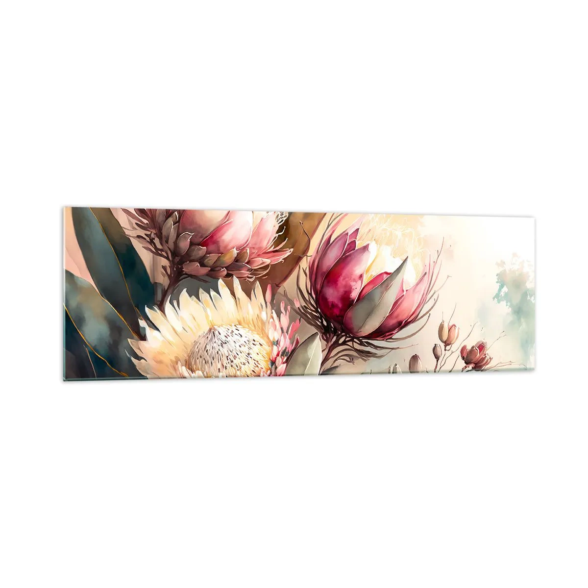 Cuadro sobre vidrio - Impresiones sobre Vidrio - Flores de protea en delicados tonos pastel. - 160x50cm - De perfil y de frente - Decoración de pared moderna para salón y dormitorio ARTTOR